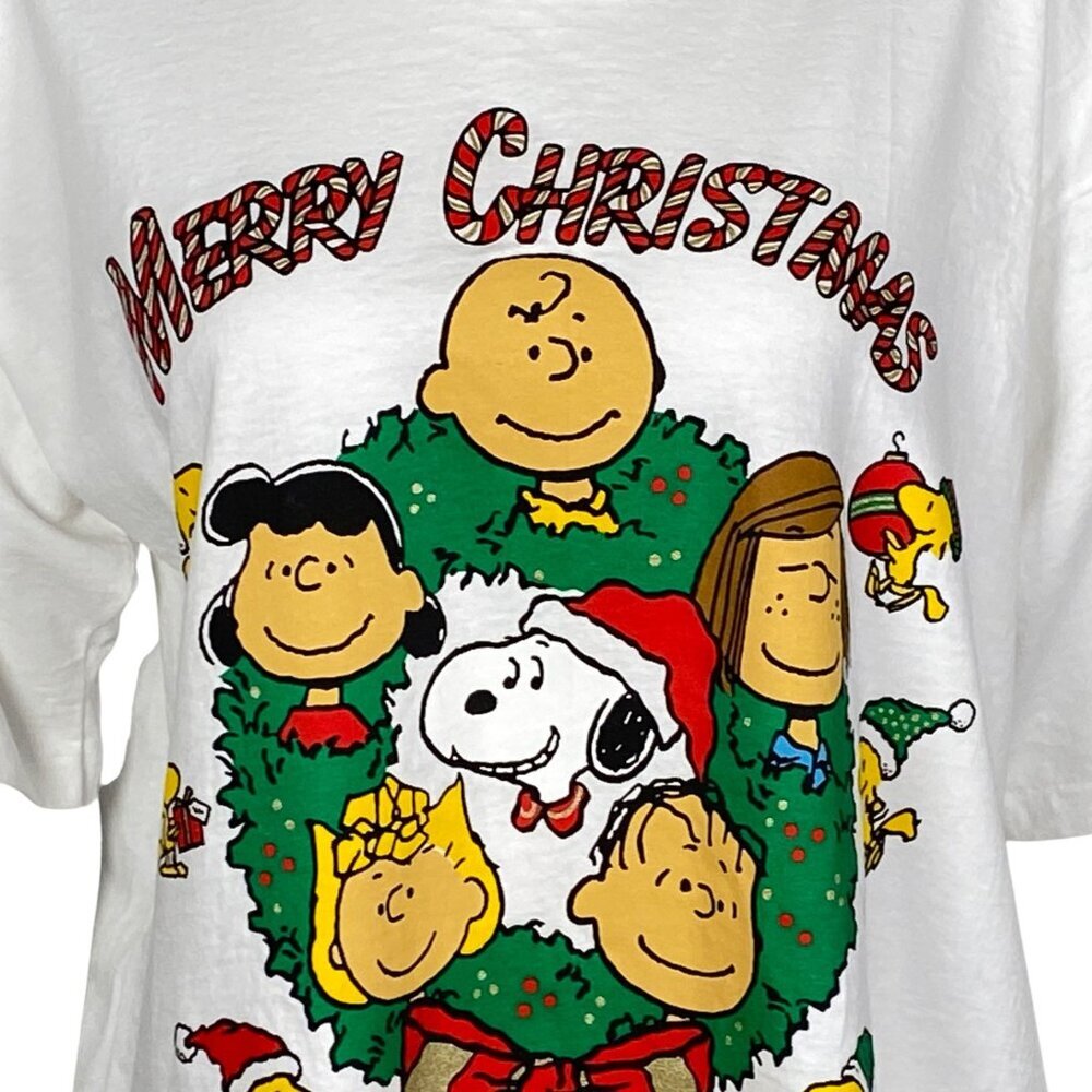 Vintage Peanuts Snoopy Merry Christmas Nightshirt Womens XL White Made in USA - Picture 2 of 5